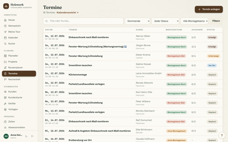 Appointments with installation checklists