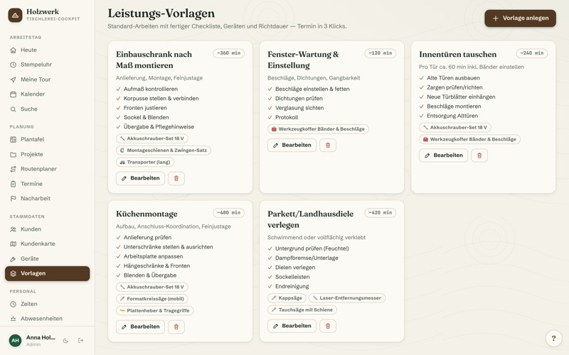 Service templates with checklist, tools & prices