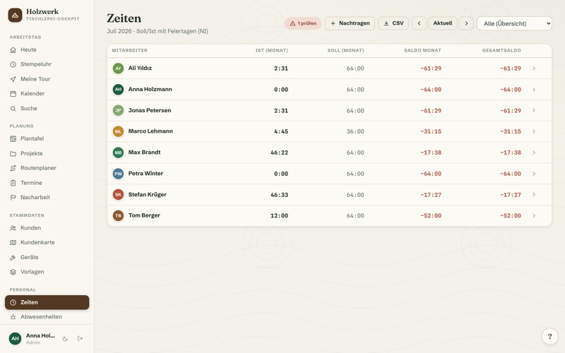 Time reports: target/actual, balance & export