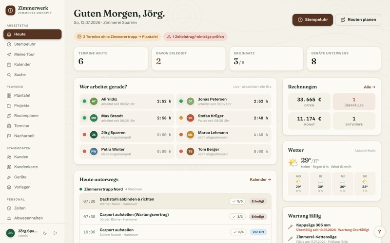 Dashboard: live board, weather & invoices