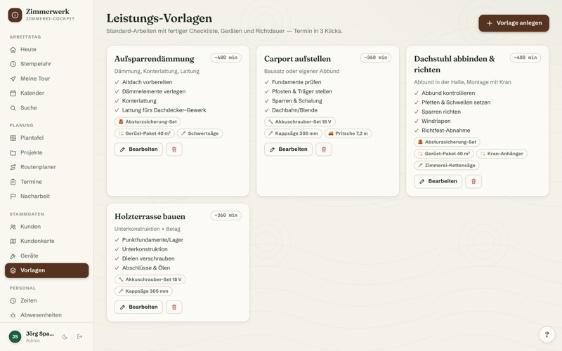 Service templates with checklist, tools & prices